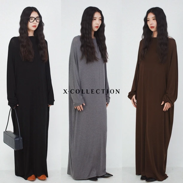 xcollection25夏新品天丝美丽诺防缩羊毛慵懒风廓型长袖连衣长裙