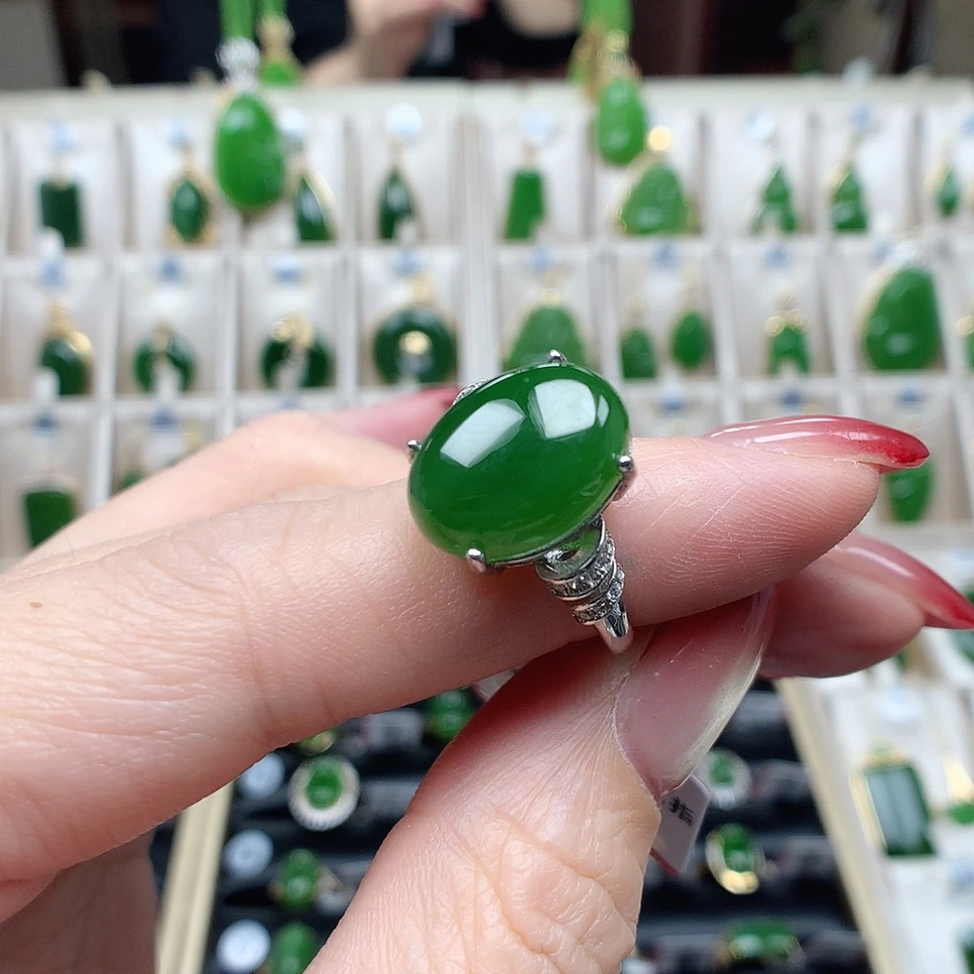 和田玉（碧玉）银S925镶嵌戒指1014