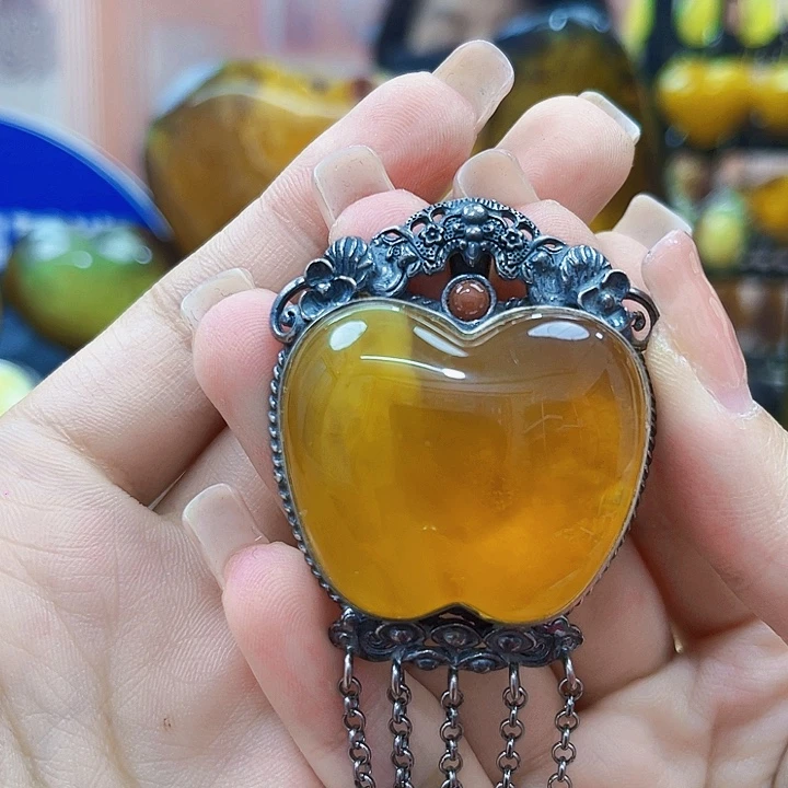 琥珀银S925镶嵌戒指吊坠