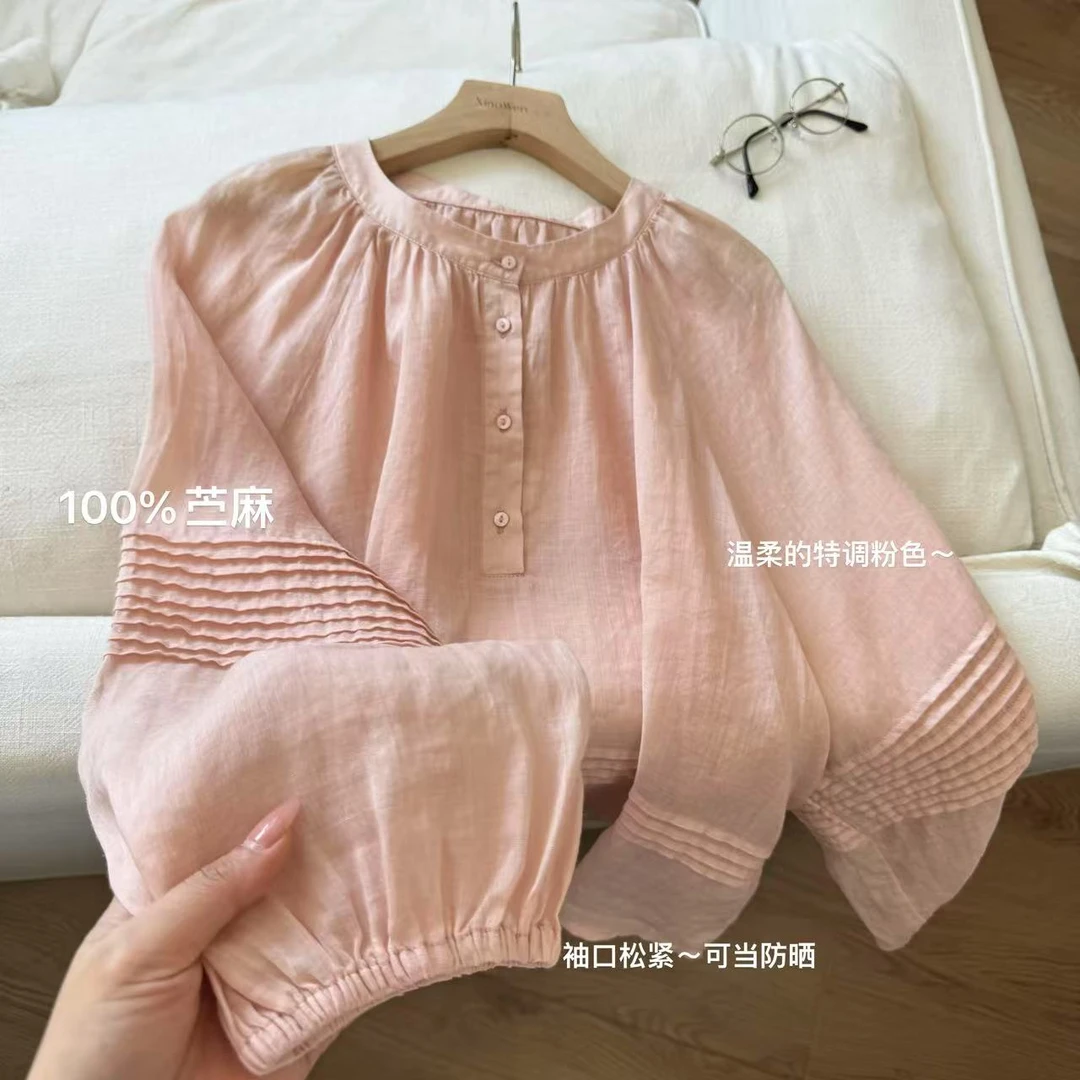 小文姐 W1268-春夏休闲圆领法式复古系带衬衫设计感小众上衣