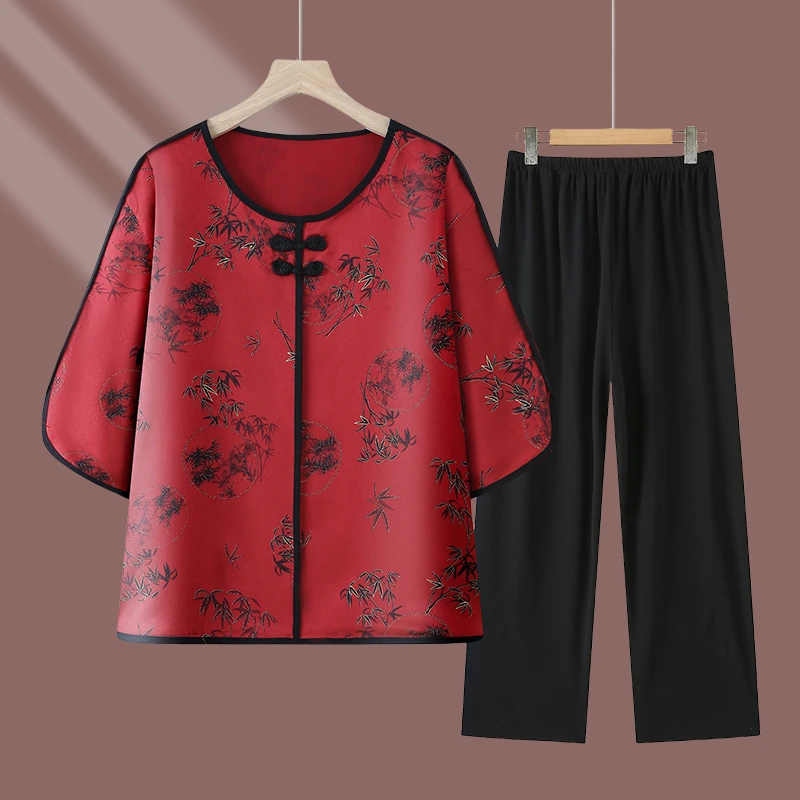 2025新款洋气上衣裤子套装夏季新款中老年妈妈装休闲国风薄款套装