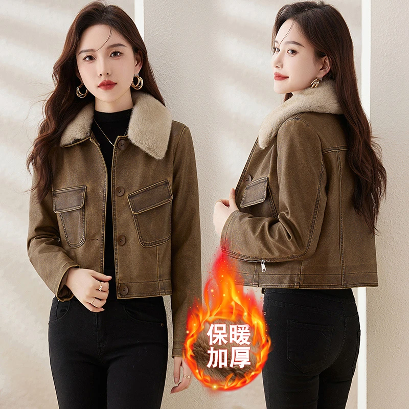 复古磨砂加绒小皮衣女修身短款冬季新款配毛领机车服pu皮夹克