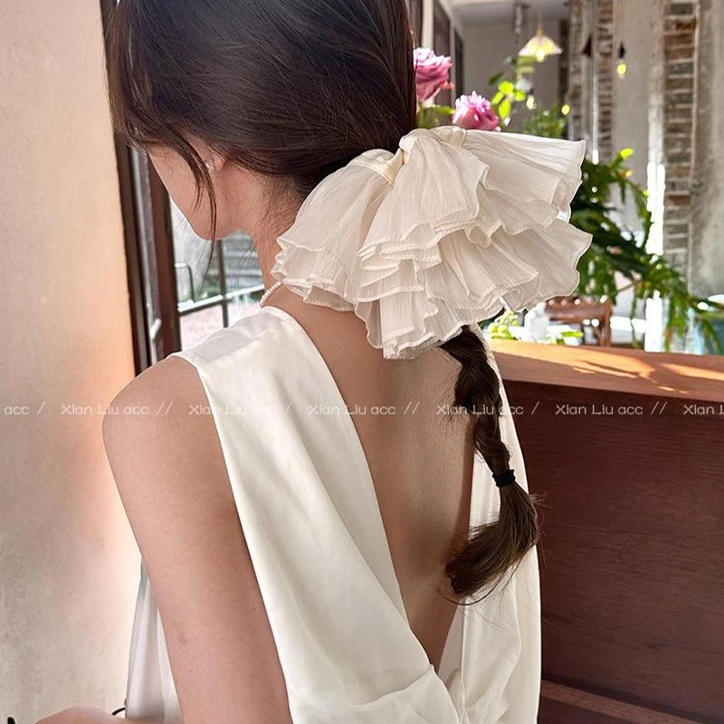 爆款超大褶皱网纱大肠大抓夹女感洋气时尚扎头皮筋发绳头花头饰