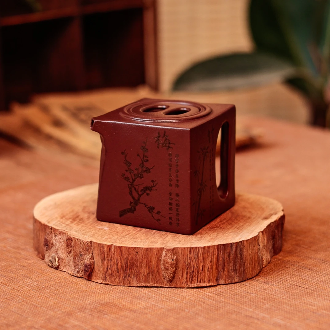 原矿紫泥阳羡四方壶手工刻绘紫砂家用茶壶刻绘梅兰竹菊功夫茶具