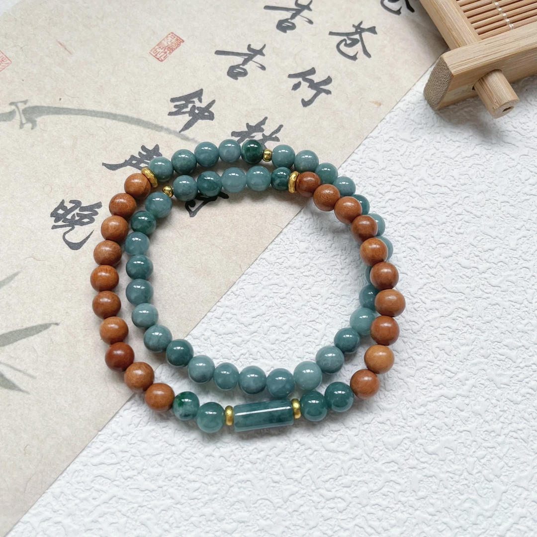 【蓝水竹序】蓝水翡翠A货双圈卡6+桃木手串 多样性发其一