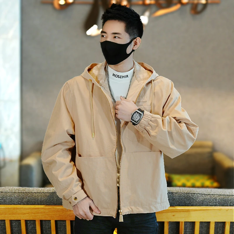 春季时尚欧货潮牌连帽休闲夹克男士休闲简约百搭潮流短款帅气外套