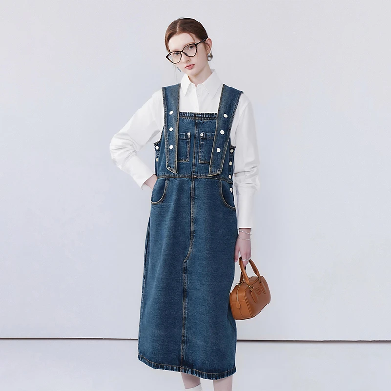 小众版型~棉质透气舒适 宽肩带明扣后开叉宽松显瘦牛仔背带裙