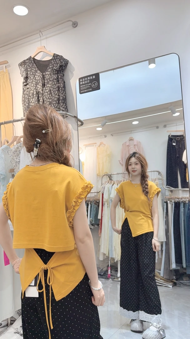 夏季新款【两姊妹家】飞飞袖设计感木耳边袖后背漏腰系带圆领短袖