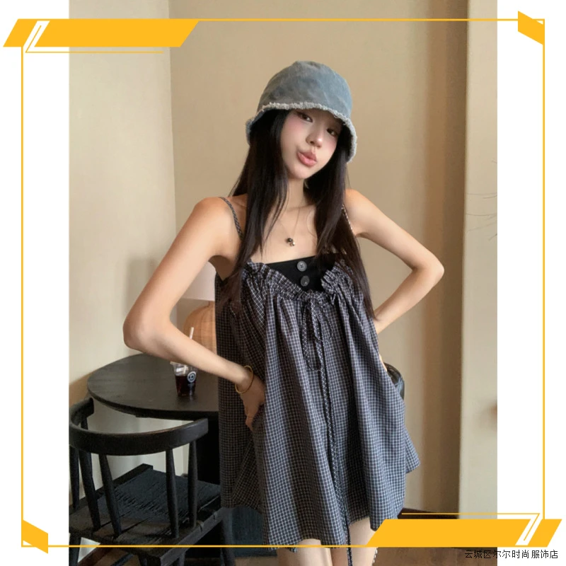 复古法式夏季小个子减龄黑色格纹吊带短裙a字小个子145150连衣裙