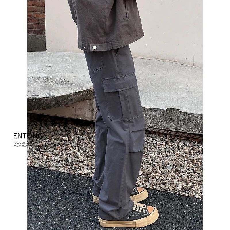 Entong美式街头多口袋褶皱宽松阔腿伞兵工装裤男潮牌直筒休闲裤子
