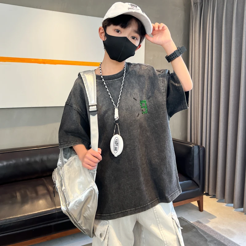 男童短袖夏季t恤2025中大童休闲半袖洋气轻薄儿童上衣帅气宽松潮T