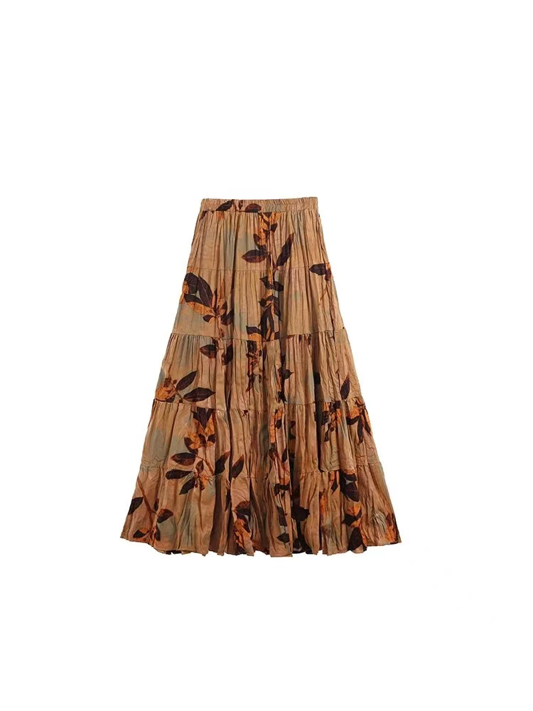 印花半身裙典雅松紧腰褶皱半身裙2942