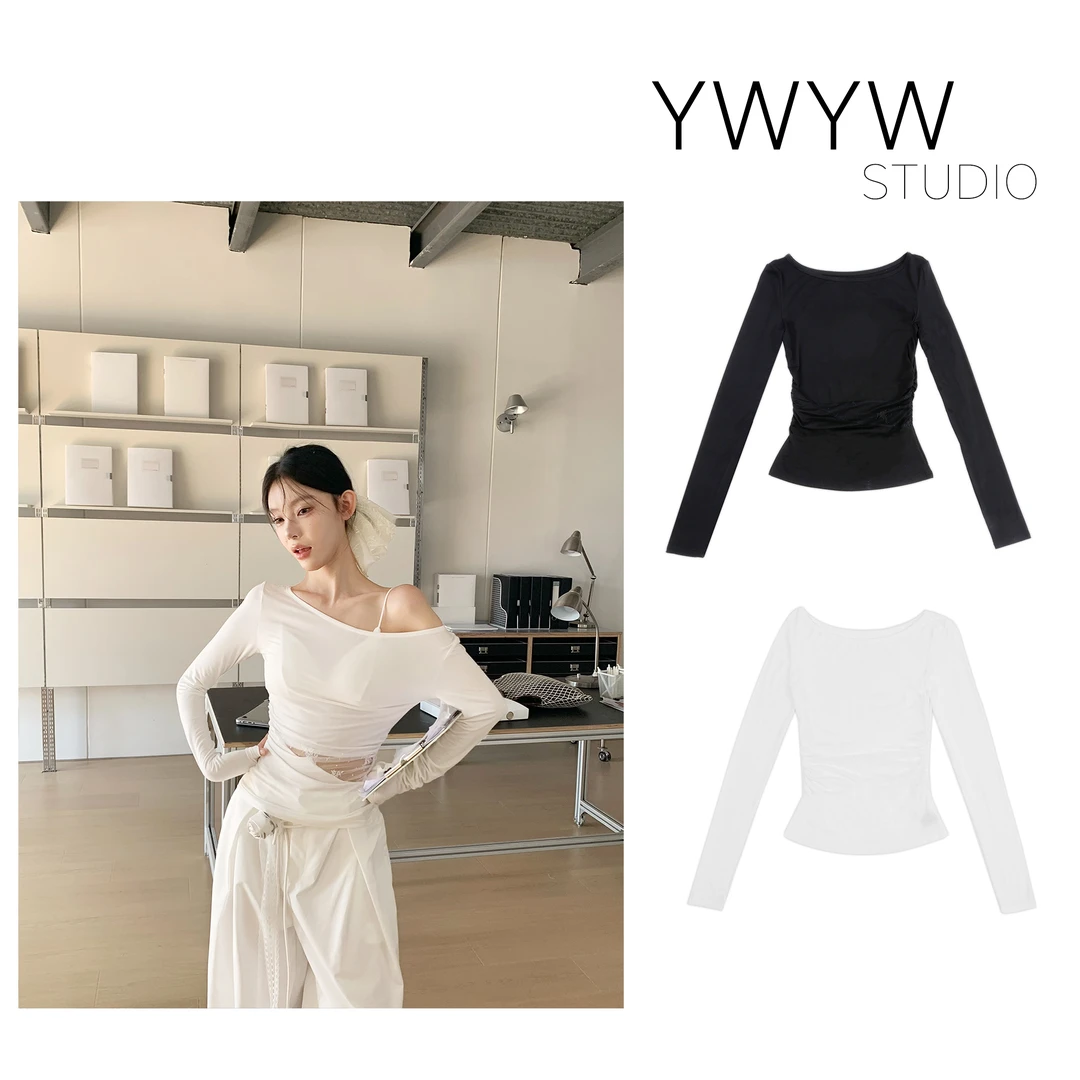 【YWYW25S/S】春季圆领掐腰褶收腰通勤风设计感网纱拼接长袖T恤3869
