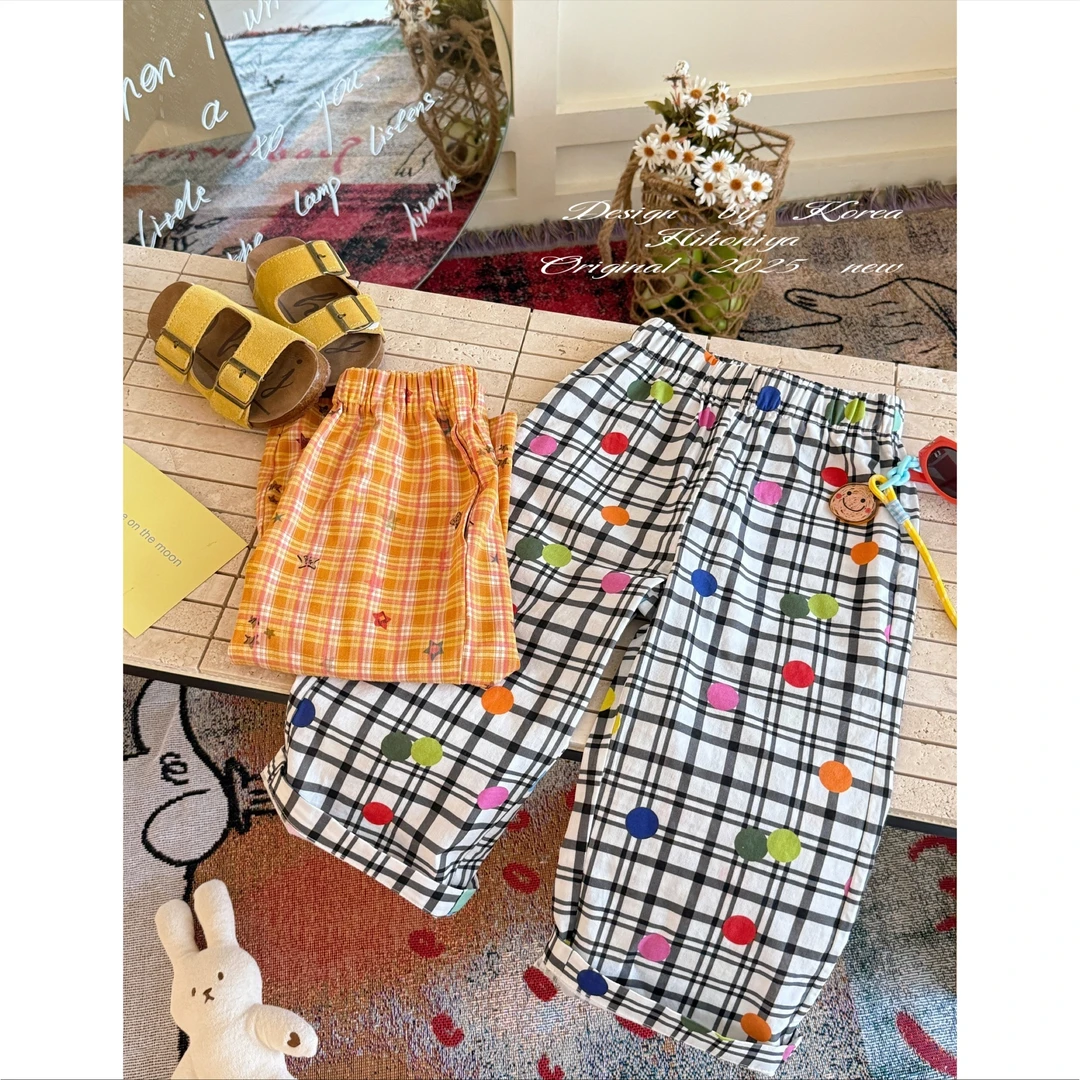 【活力甜橙】三Hihoniya~2025夏季亲子波点格子休闲吸汗透气长裤