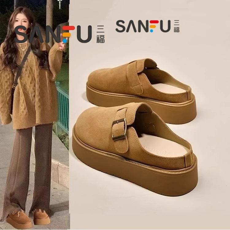 三福新款加绒厚底勃肯包头半拖鞋女2025年秋冬季一脚蹬懒人博肯鞋