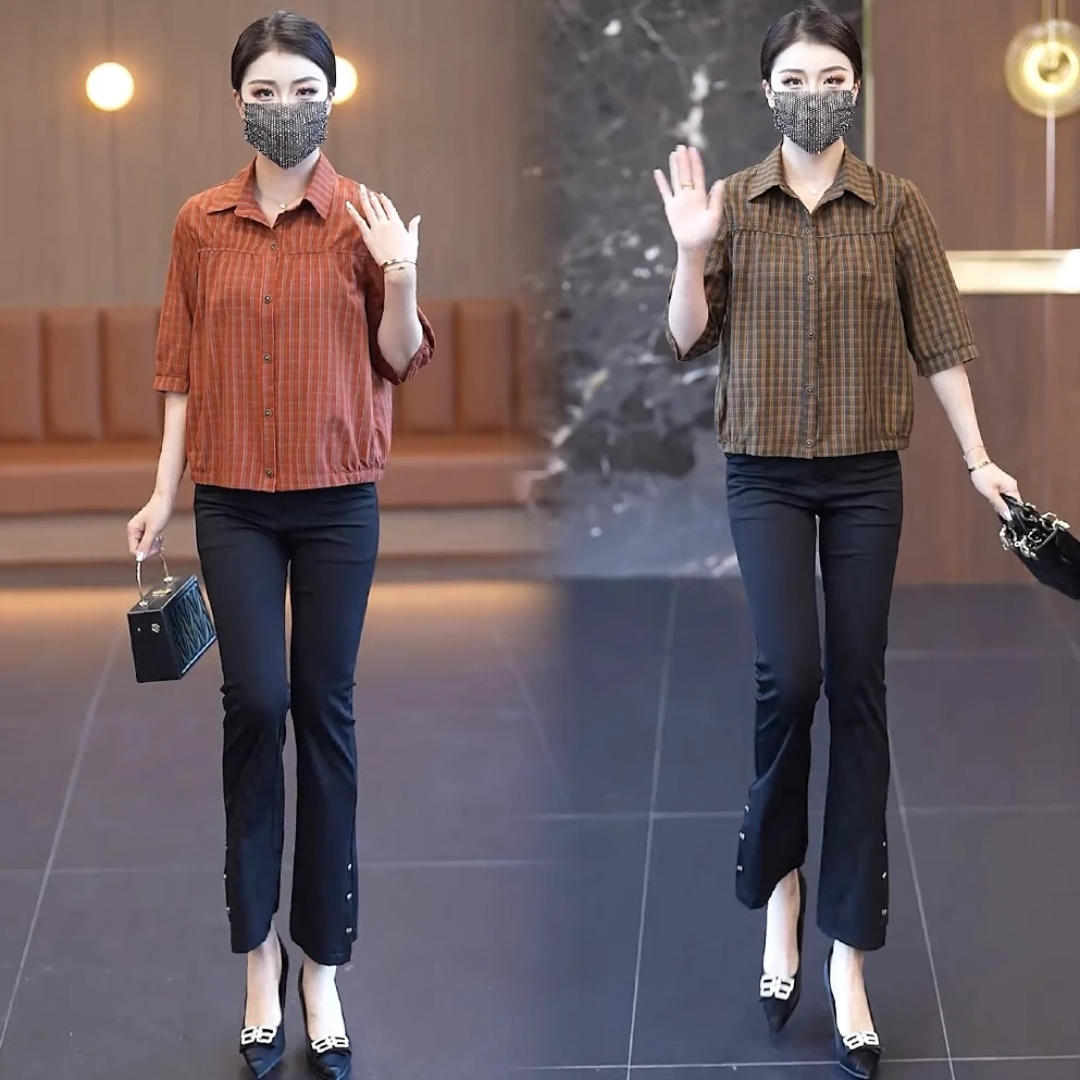 时尚休闲格子衬衫女2025夏季新款洋气减龄遮肉显瘦翻领短袖衬衫潮