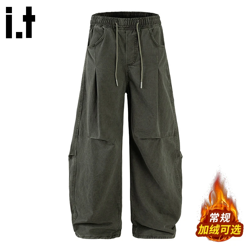 i.t:CHOCOOLATE纯棉加绒休闲裤子男秋冬季新款宽松潮流弯刀工装裤