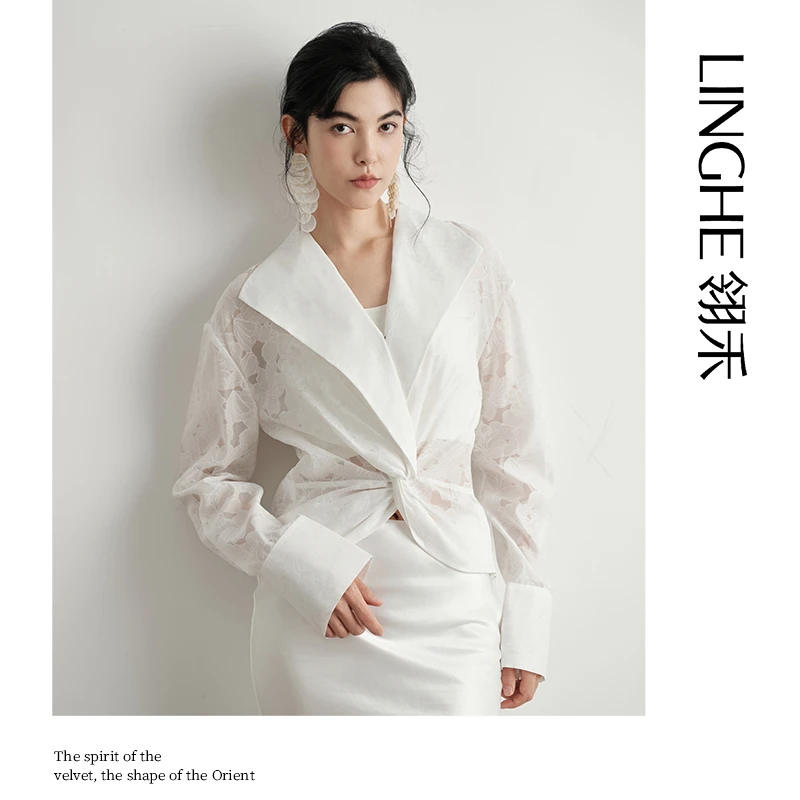 翎禾LINGHE-「白露为霜」扭结翻领衬衫长袖衬衣气质白色法式宽松