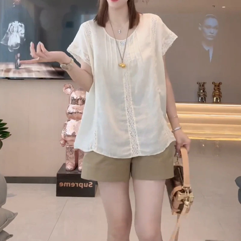 韩系洋气设计感压褶短袖衬衫女夏季新款蕾丝镂空高级宽松休闲上衣