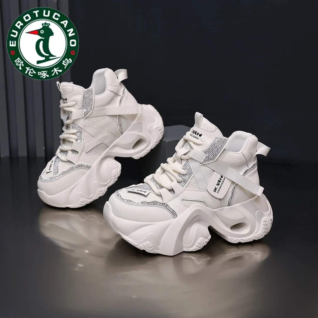 欧伦啄木鸟高帮老爹鞋女新款秋冬加绒小白鞋厚底内增高运动休闲鞋