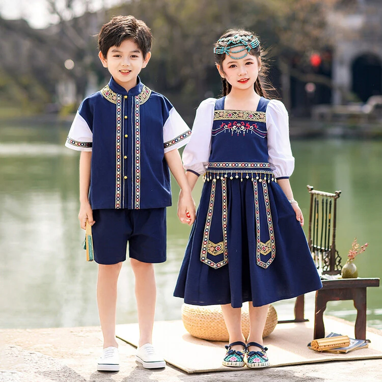 广西壮族三月三民族服装儿童洛丽塔旅拍男女童哈尼苗族表演出服饰