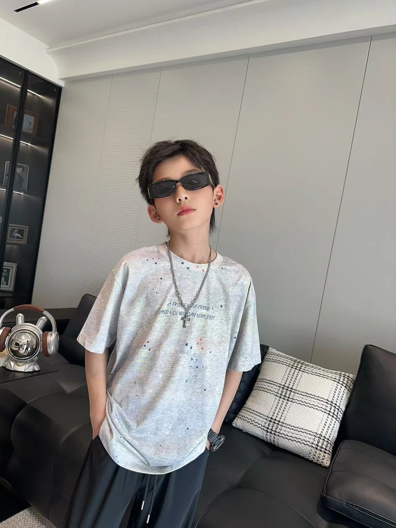 男童夏季花灰夜光星星潮短袖T恤中大童潮童装