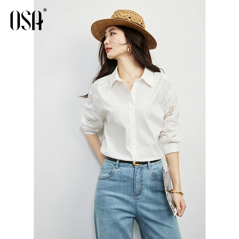 OSA/欧莎 法式镂空绣花白衬衫秋新别致宽松连肩袖衬衣S125C12002