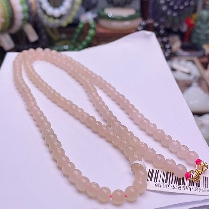 和田玉未镶嵌颈饰收藏级浓藕粉老矿料脂膏级红粉珠链5.6m