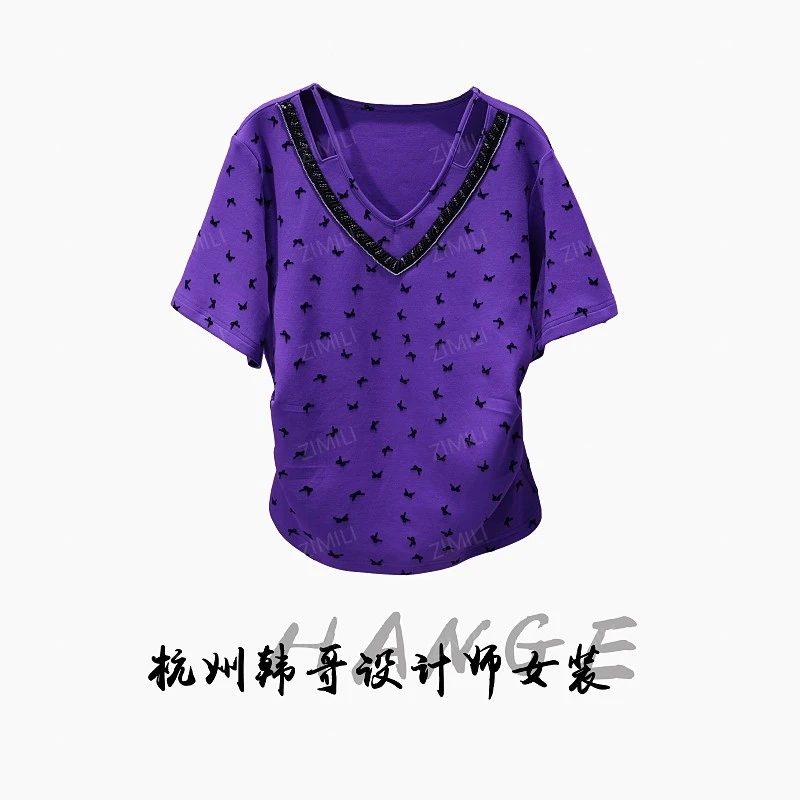 【韩哥女装】欧版设计小众罗兰紫钉珠时尚V领高克重重工短袖9722