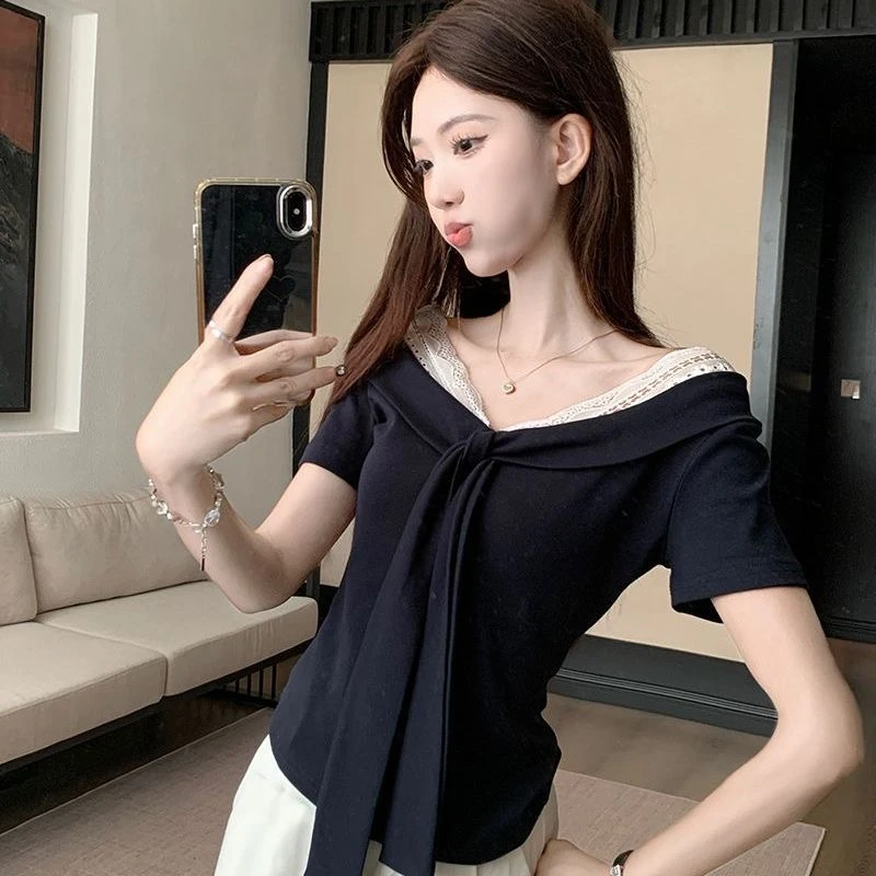 纯棉高档上衣蕾丝拼接v领短袖绑带夏季纯欲辣妹收腰显瘦气质T恤女
