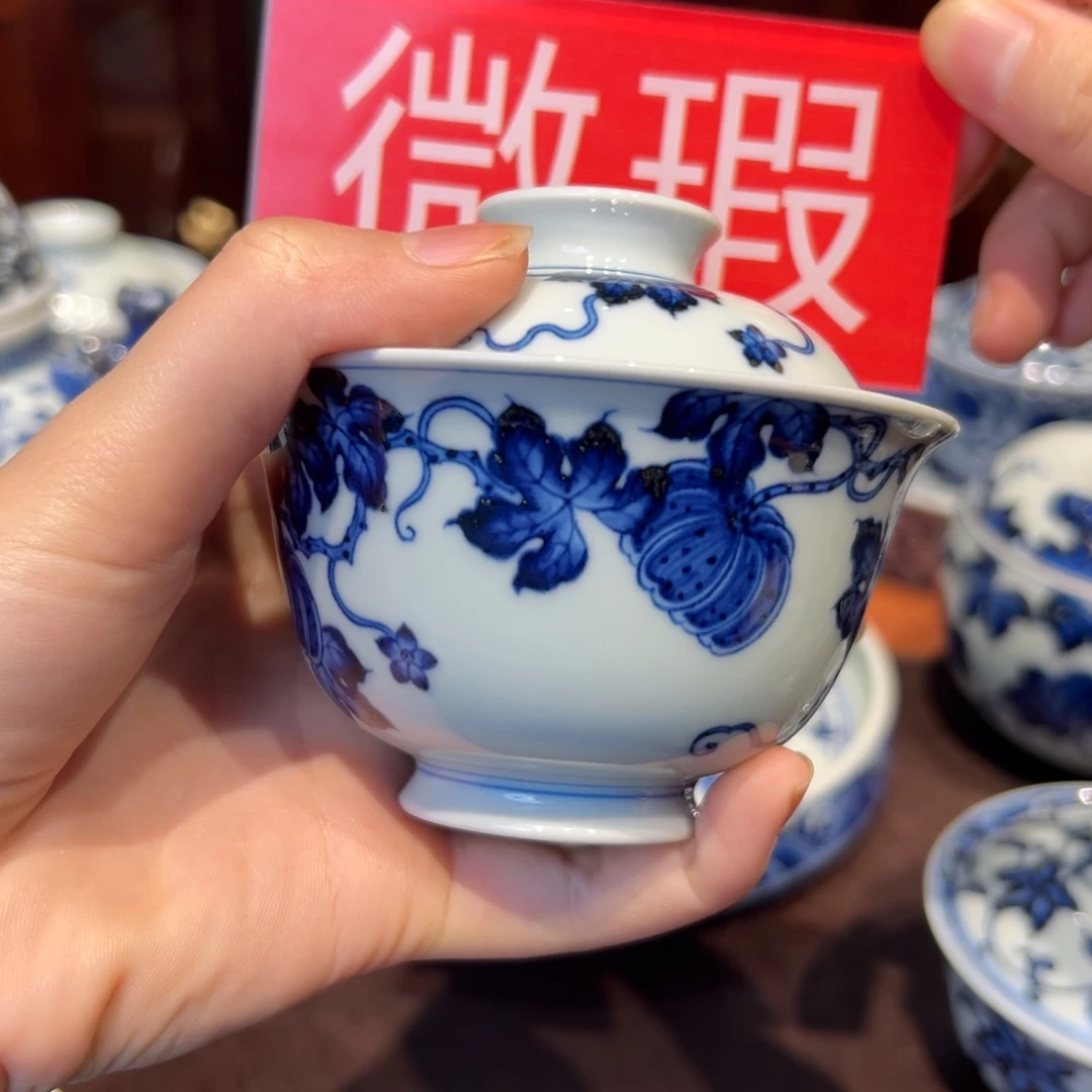 A****6青花雯华堂手绘盖碗微瑕