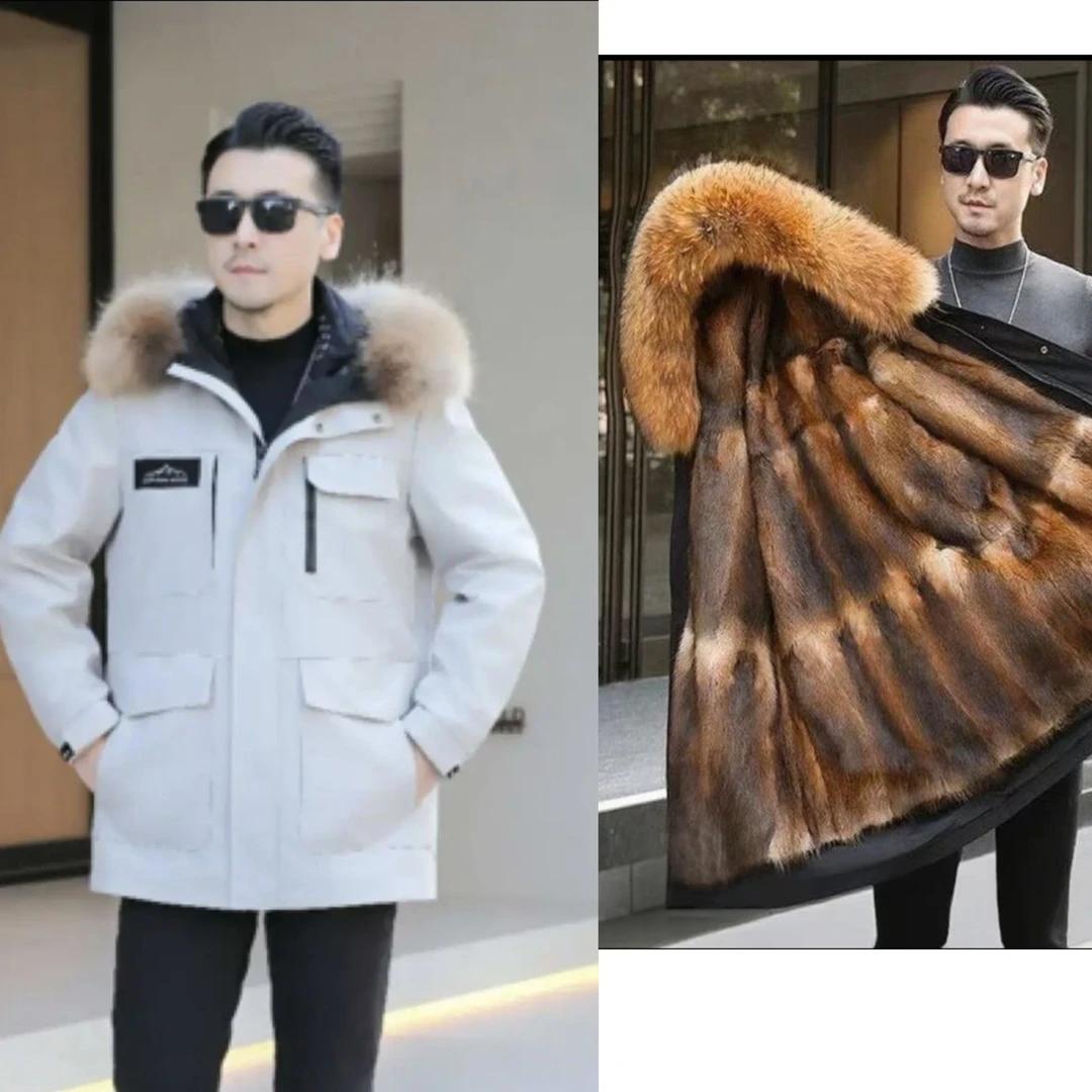 2026爆版（男女同款）中长可拆卸大毛领男款派克服毛袖连帽时尚