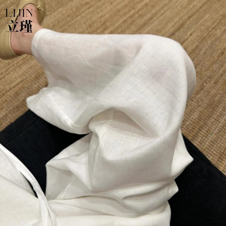 老钱风白色优雅亚麻裤女夏季薄款松弛感裤子直筒休闲裤舒适阔腿裤