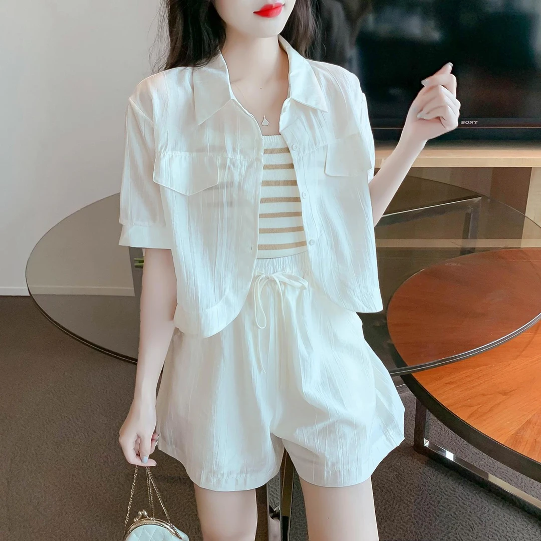 2025夏季新款时尚防晒衫上衣衬衫短裤洋气小个子休闲套装女三件套