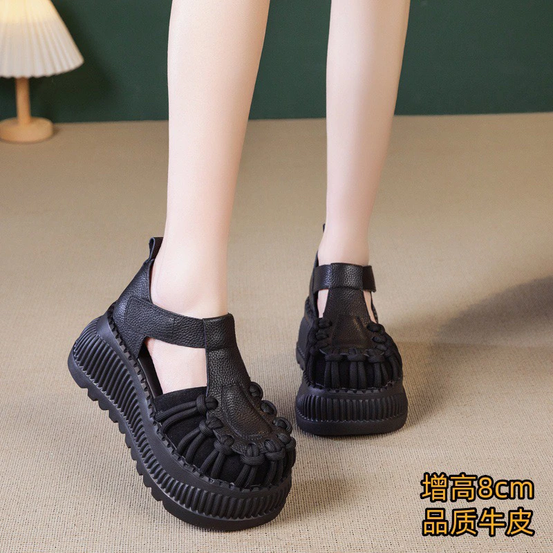 王蜜儿小众厚底罗马凉鞋女夏季松糕包头女鞋2025真皮复古罗马凉鞋