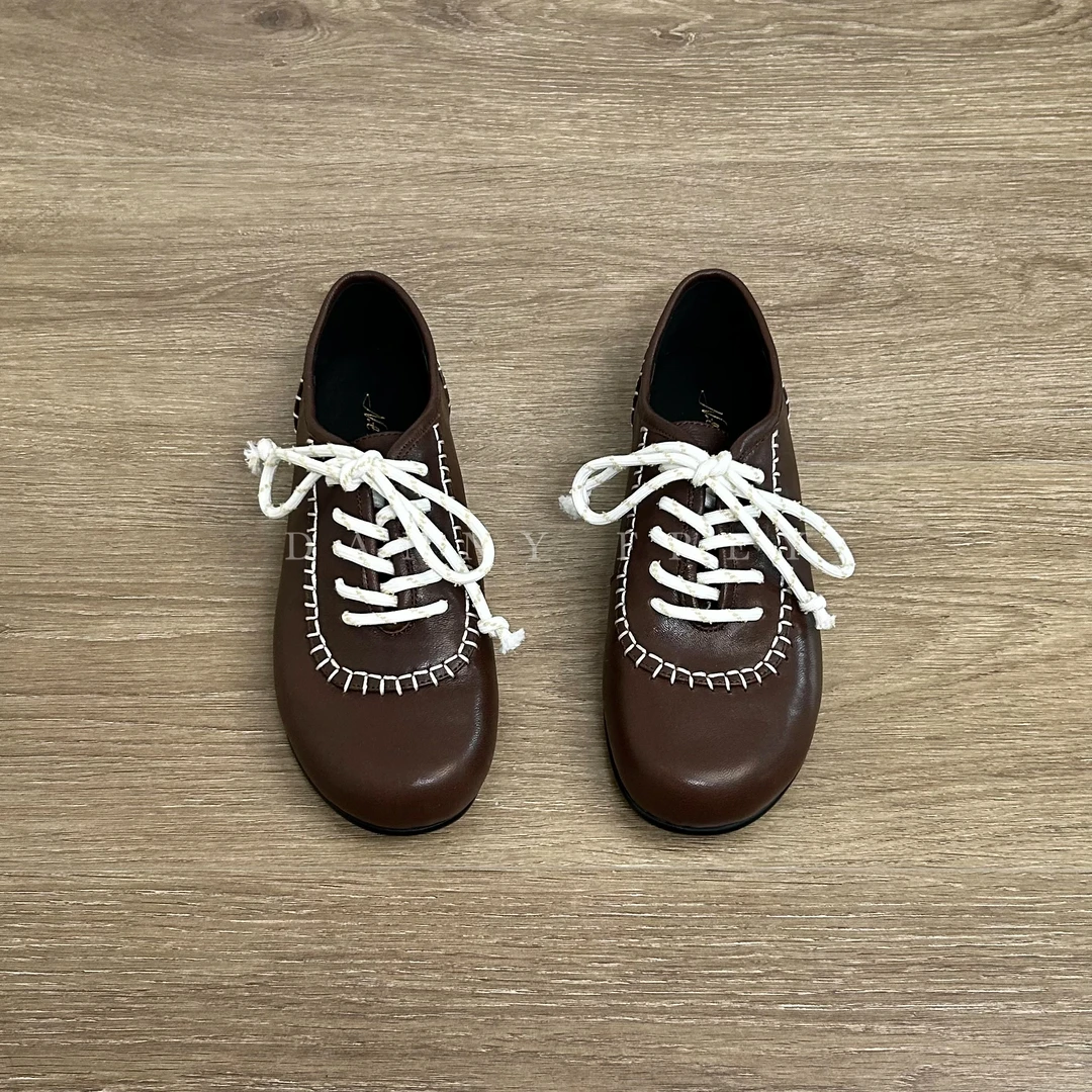 Dannyfrey法式复古羊皮系带休闲运动小众百搭编织拼色女德训鞋1CM