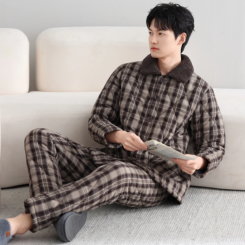 芬腾可安冬季睡衣男士青少年大码三层加绒加厚纯棉夹棉保暖家居服