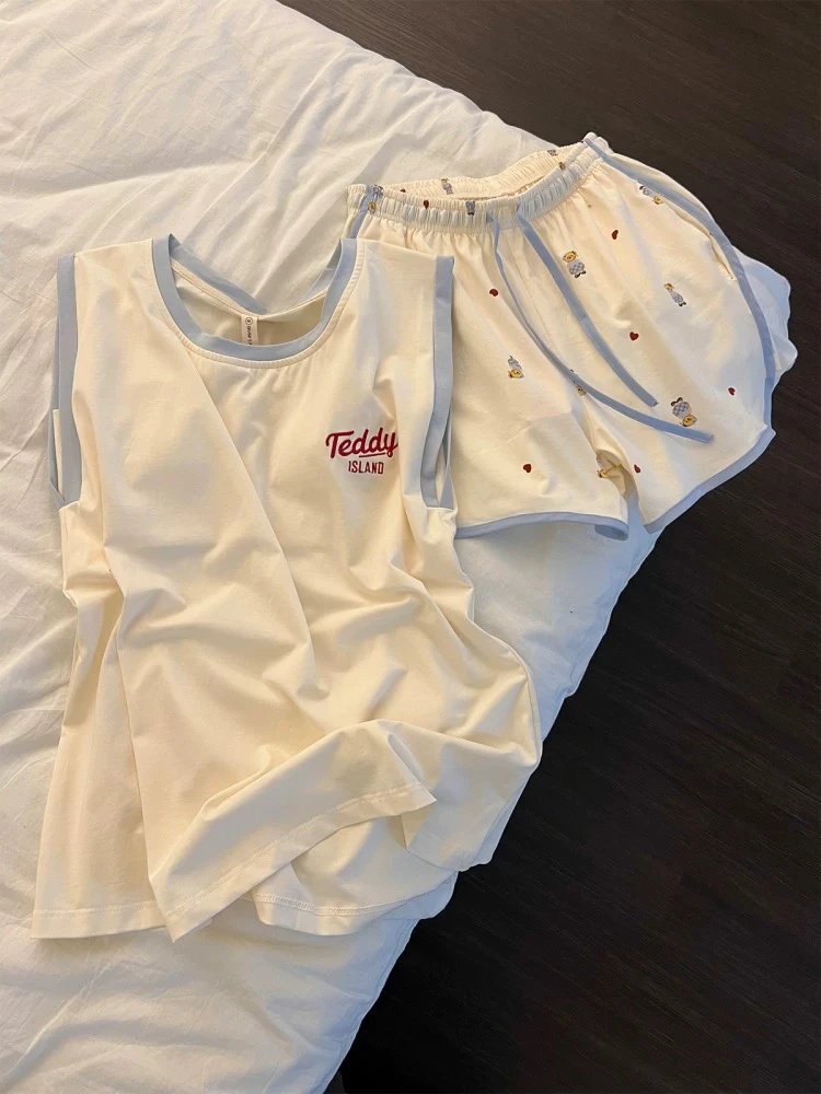 带胸垫甜美可爱卡通泰迪熊印花纯欲无袖睡衣女夏家居服套装夏天
