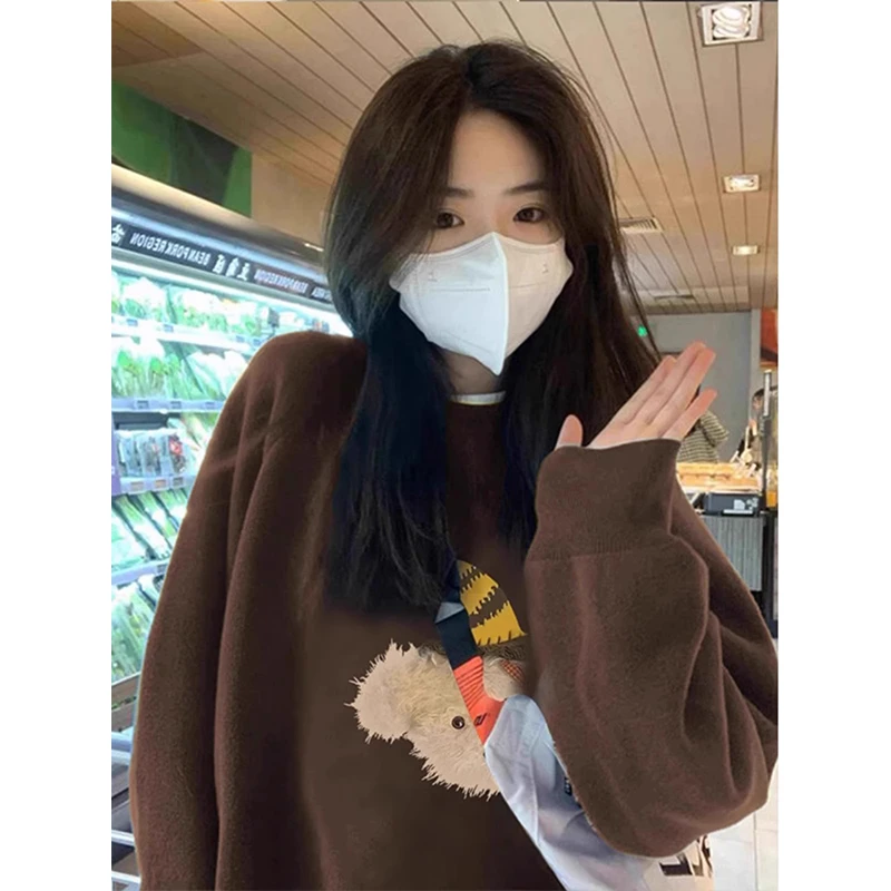 【帝韵】圆领棕色卫衣女秋冬季2025新款加绒加厚宽松韩系慵懒风上衣