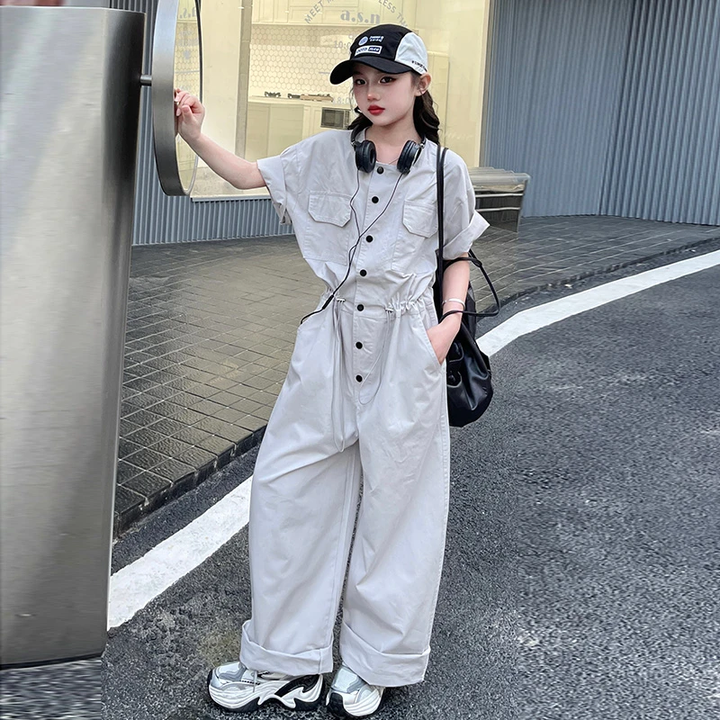 女童夏季2025新款工装连体衣潮酷收腰显瘦休闲设计感宽松连身套装