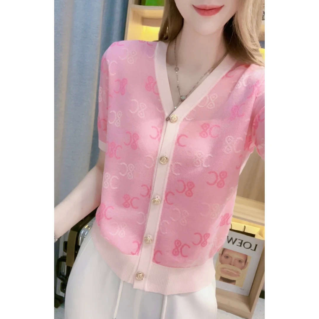 JL【C字母短袖】2025夏季新款时尚气质开衫针织衫上衣