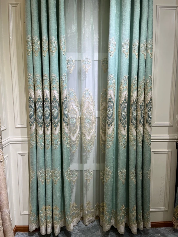 高档雪尼尔清爽绣花窗帘客厅卧室遮光落地窗简约大气定制