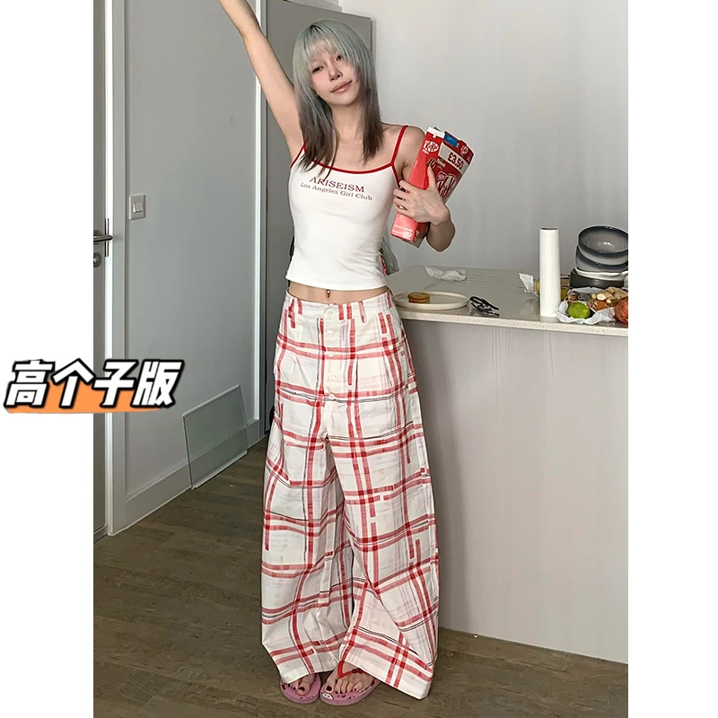 裤长112cm高个子加长老钱风复古红格子裤女夏低腰百搭阔腿休闲裤