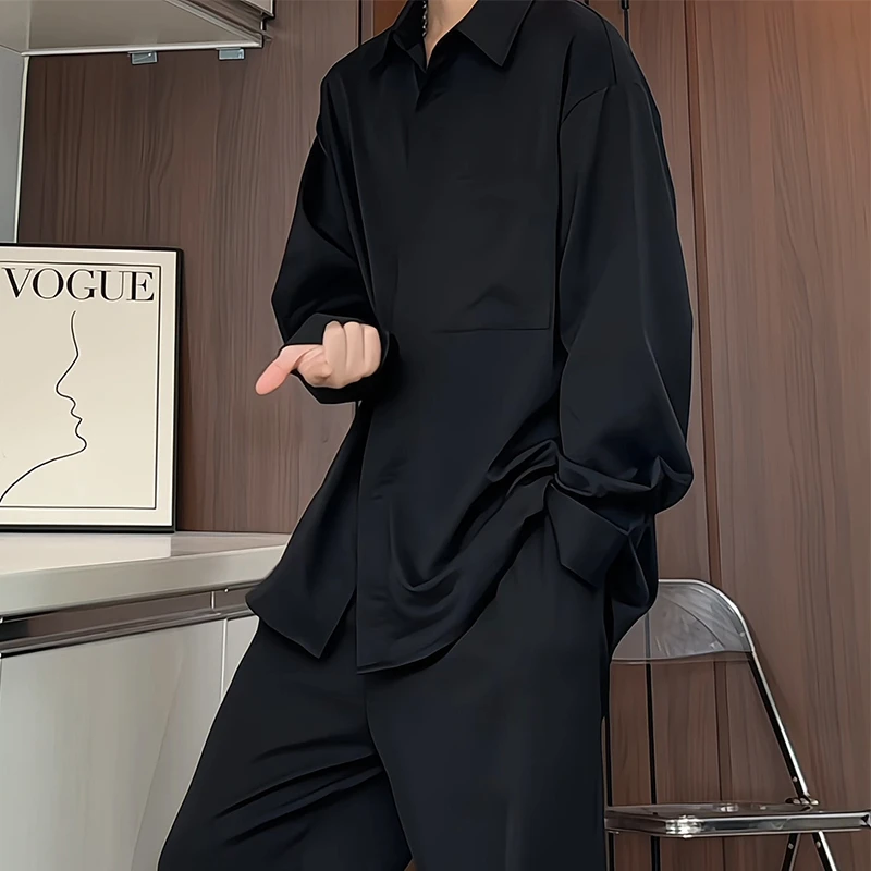 黑色长袖衬衫男士高级感痞帅宽松大码衬衣加肥加大春秋季薄款外套