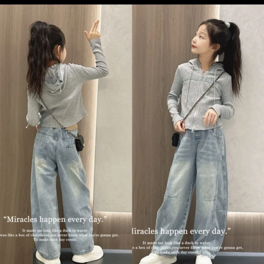 女童2025春装套装新款女孩甜美连帽针织衫中大童洋气牛仔裤两件套