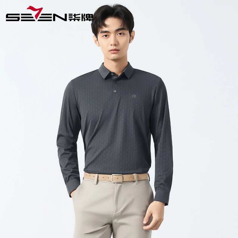 【无缝工艺】柒牌印花polo衫男长袖 2025春季新款男士时尚翻领T恤潮