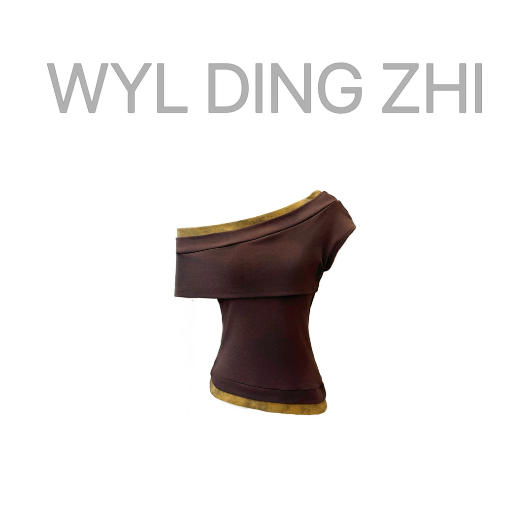 「染夏」复古港味一字肩常规款不对称短袖T恤夏季露肩上衣