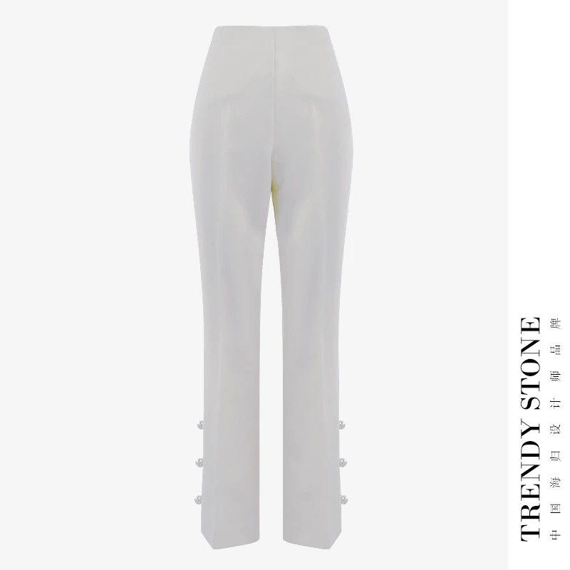 潮石新款高腰直筒裤通勤定制珍珠扣微喇开衩长裤T43512570