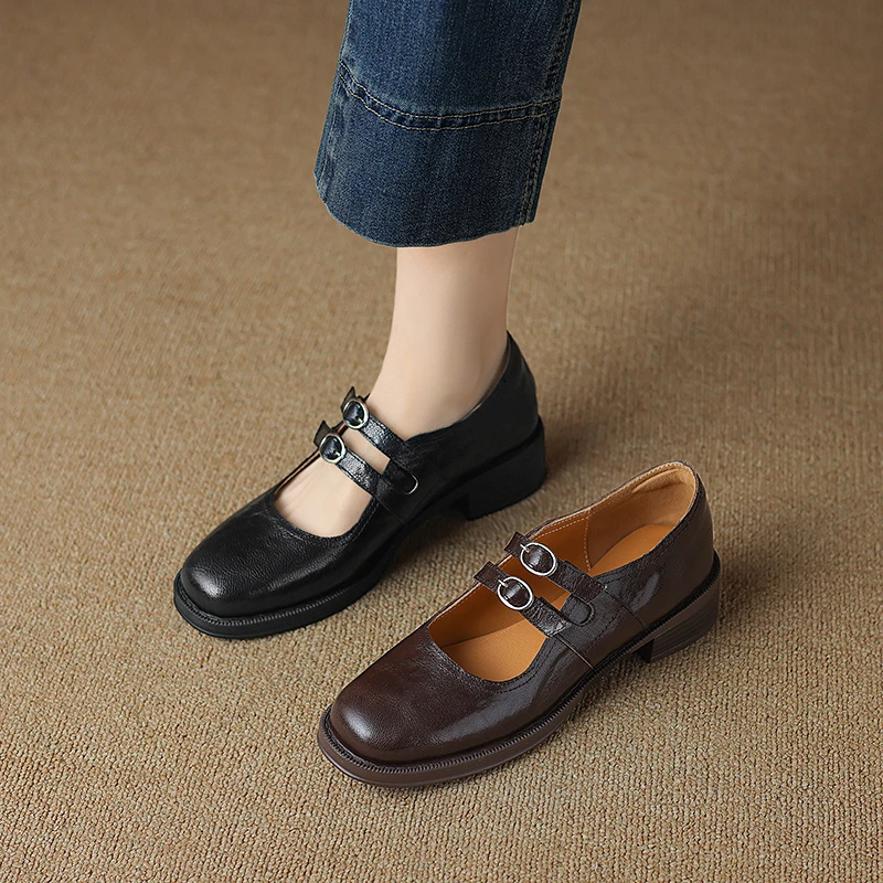 真皮大码41到43女鞋棕色法式玛丽珍鞋42码扣带粗跟圆头单鞋配裙子