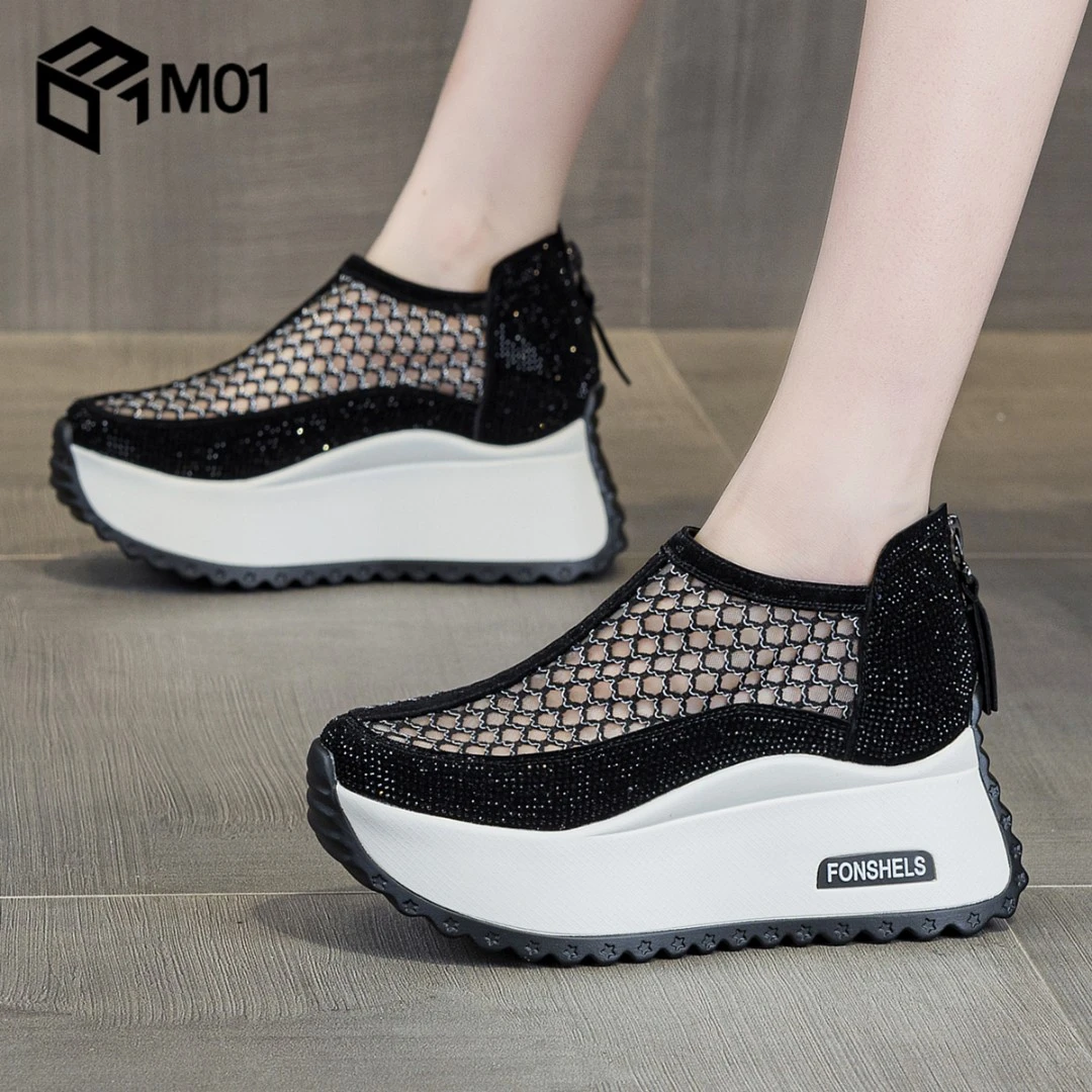 M01新款网纱透气薄款内增高松糕鞋女款水钻2025夏季镂空休闲单鞋